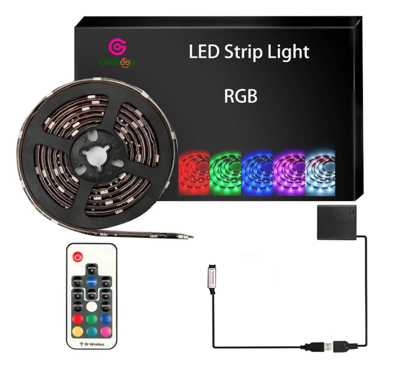 Battery Powered LED Strip Lights,Geekeep Waterproof RGB LED Light Strips,Flexible and Cuttable Rope Light with Battery Pack and USB Cable,17 Key RF Wireless Remote Controller-Black (2m/6.56ft)