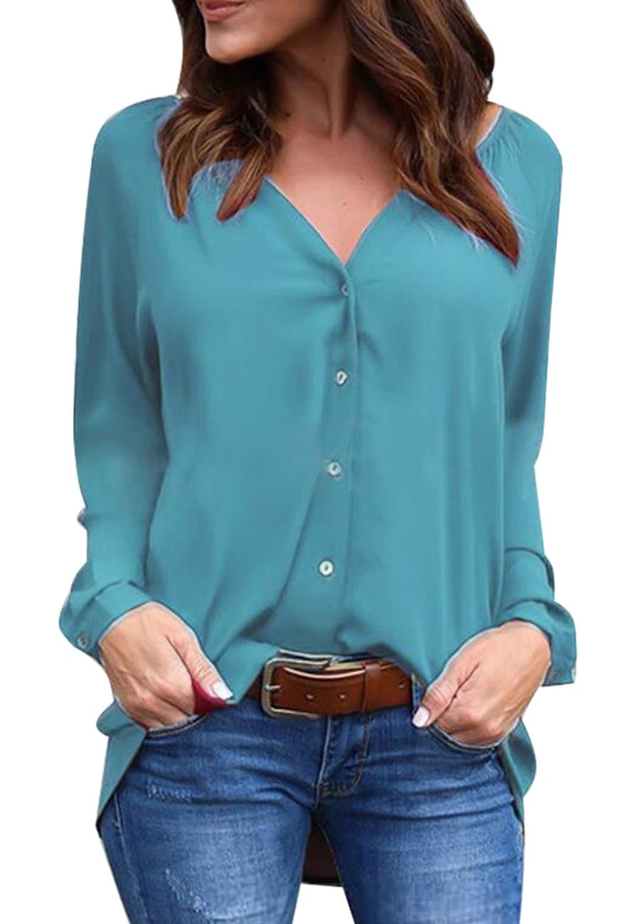 Women's Chiffon Blouses Button Down Shirts V Neck Classic Tops and Tees