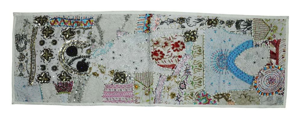 Indian Decorative Wall Hanging Tapestry With Graceful Sequins Beads Mirrors, Zari Silk Thread Embroidery & Multicolour Old Sari Patch Work, 152 X 50 Cm