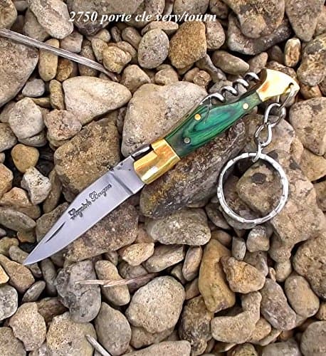 2660-Vert keyring corkscrew folding pocket knife. UK Delivery 1-3 working days. Beautiful Laguiole Bougna France .Green hardwood solid brass mitres riveted handle.
