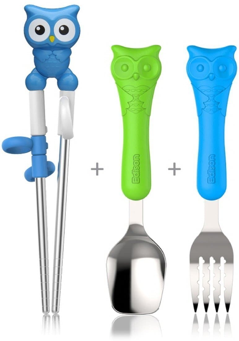 Edison Owl Training Chopsticks Spoon&Fork Set For Kids 3y+(Blue+Green)