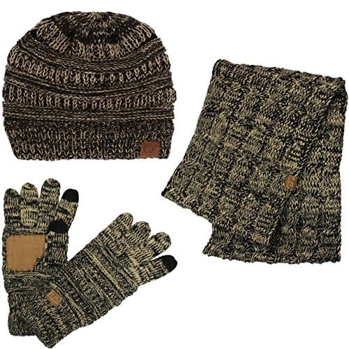 ScarvesMe CC 3pc Two Tone Trendy Warm Chunky Soft Stretch Cable Knit Beanie, Scarves and Gloves Set