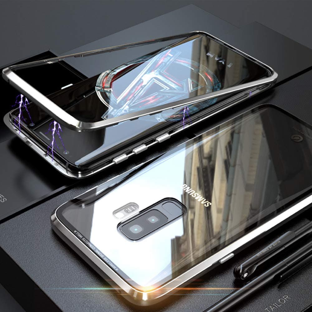 Onner Samsung S8/9/Plus Phone Case, Ultra-Thin Tempered Glass Full Cover Case with Magnetic Metal Frame, Anti-Scratch Phone Case for Samsung Galaxy S8/ S9/S8 Plus/S9 Plus (Silver, s9 Plus)