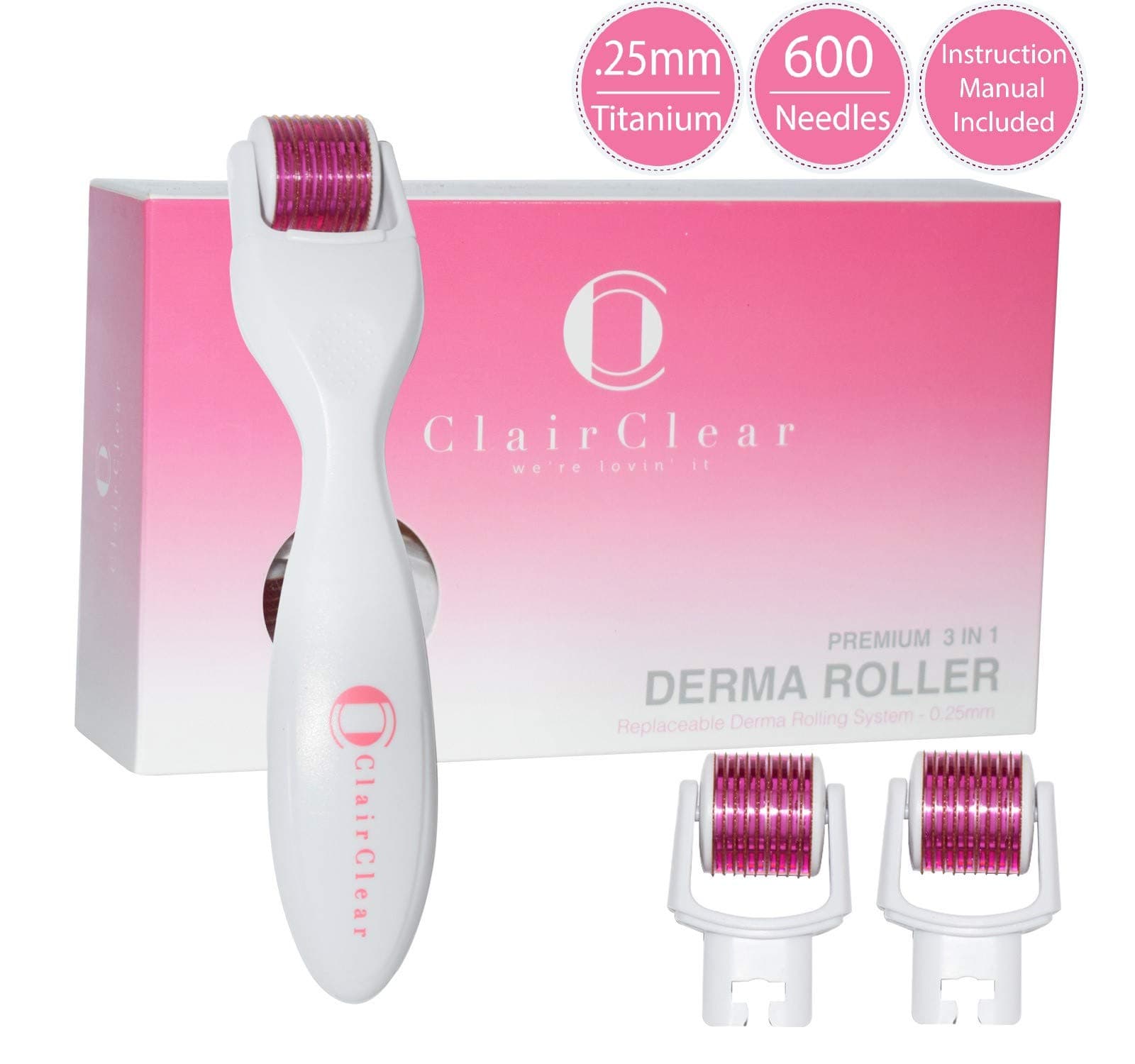 ClairClear Premium Titanium Derma Roller Kit: 3 In 1 Microneedle Roller + User’s Manual | 3 Replacement Heads .25mm | Cosmetic Needling Instrument for Face Micro Needle Skin Care Tool for Home Use