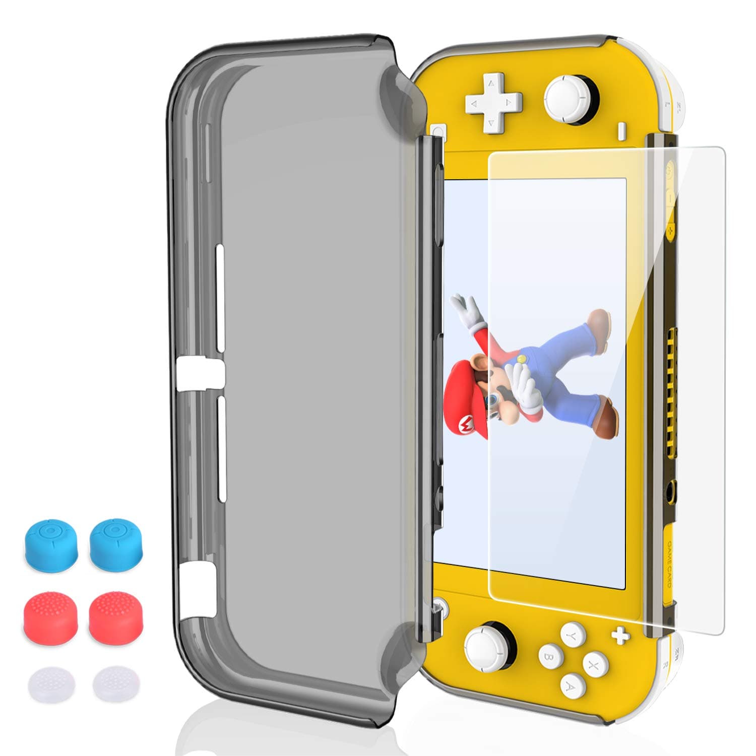 Case for Nintendo Switch Lite, HEYSTOP PC Clear Protective Case Cover for Nintendo Switch Lite with Switch Lite Tempered Glass Screen Protector and Thumb Stick Caps（Black）