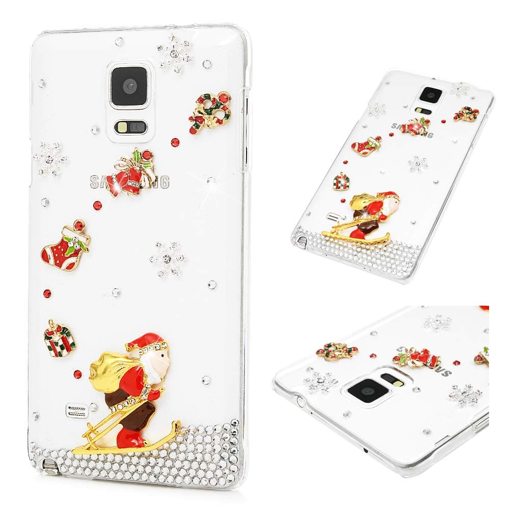 Galaxy Note 4 Christmas Case, MOLLYCOOCLE 3D Handmade Bling Skiing Santa Claus Crystal Rhinestone Diamond Transparent Clear Fashion Shockproof Soft PC Rubber Slim Fit Cover for Samsung Galaxy Note 4