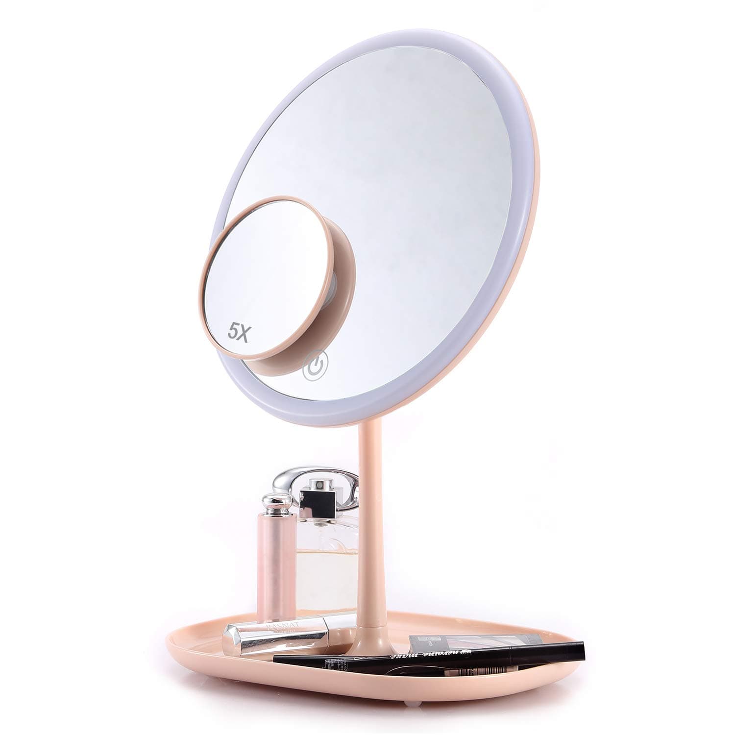 Lighted Makeup Mirror, 8 Inch LED Vanity Mirror with 5X Magnifying Spot Mirror, USB Rechargeable, Adjustable Brightness Touch Screen & Storage Base (Pink)