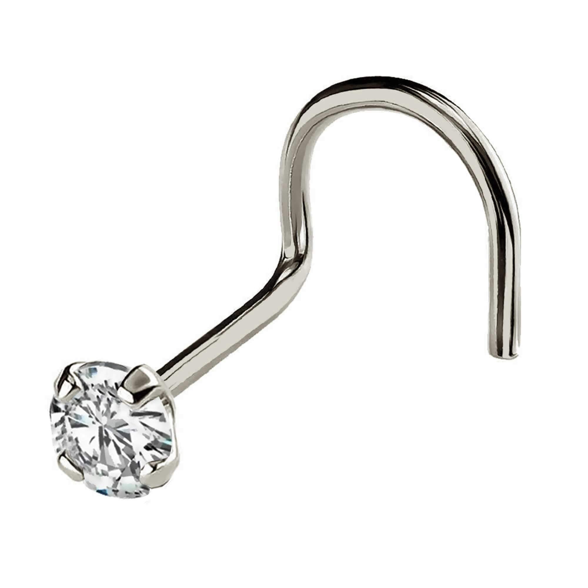 Solid 14Kt Gold Nose Screw, 24G (0.5mm) Nose Hook, Nose Stud, 14kt Yellow Gold or 14kt White Gold Nose Ring Prong Set CZ Accent