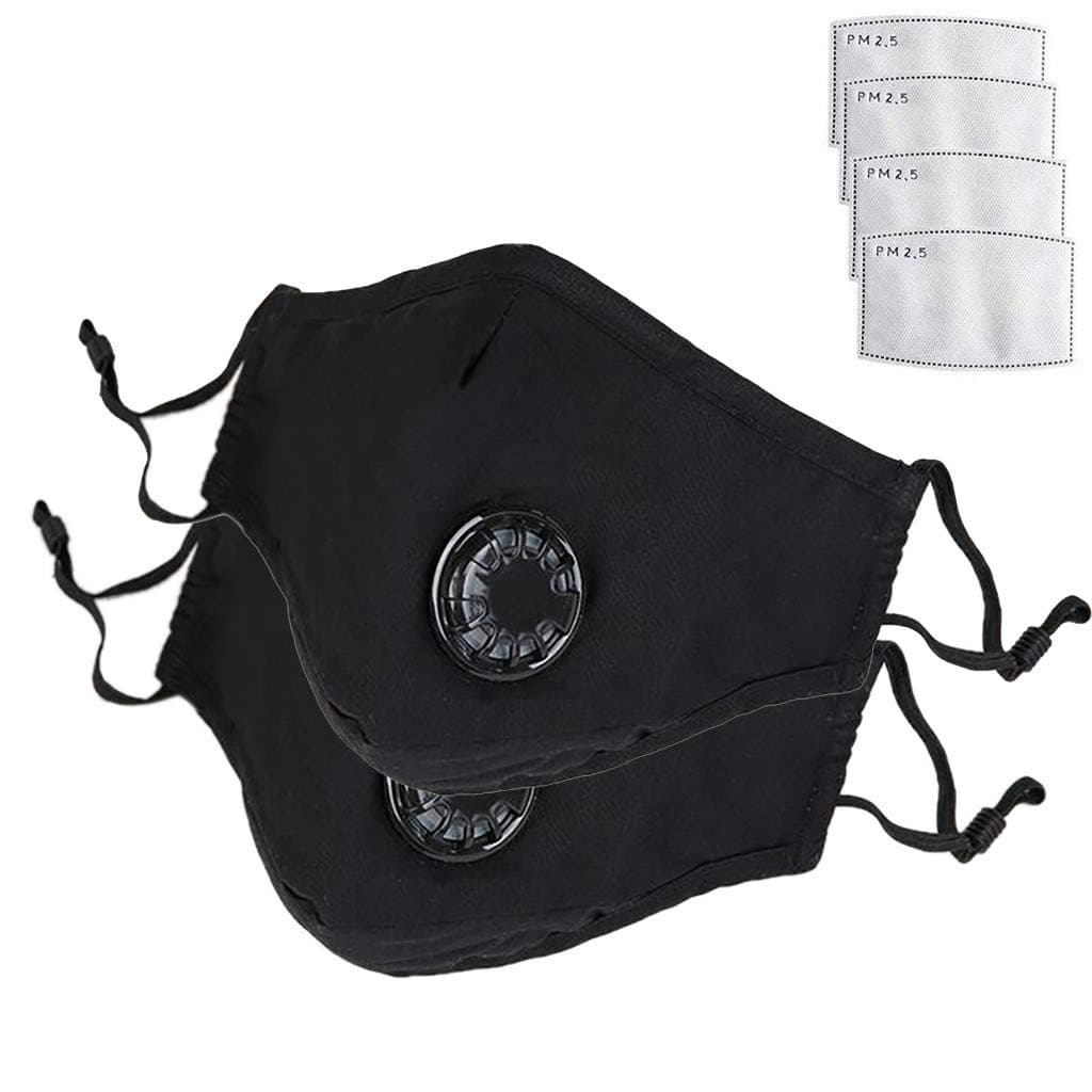 FlyKits Máscara 2 PCS PM2.5 Dust Ma sk Breathing Valve Ma sk with 4 Filters Anti Pollution Breathable Respirator Air Face Ma sk Reusable Washable Comfortable for Running Cycling Camping (Black)