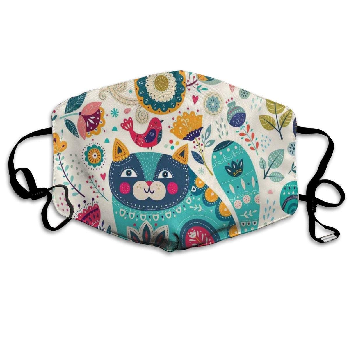 Comfortable Windproof mask,Cat Figure With Birds Flower Leaf Trees Butterflies Spring Ornate Illustration,Printed Facial decorations for Adult