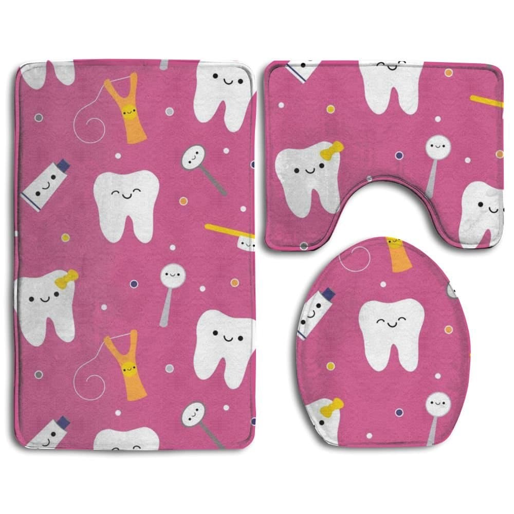 Dentistry Happy Teeth Friends Bath Mat Set,3 Piece Bathroom Mats Set Non-Slip Bathroom Rugs/Contour Mat/Toilet Cover
