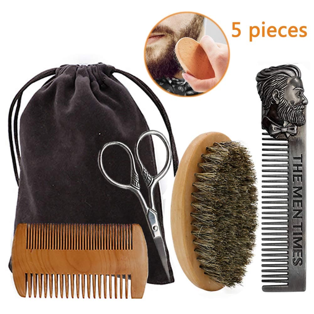 Beard Comb Set, Bebester 5Pcs Beard Grooming Kit for Men Beard Balm Kit Stainless Steel Comb, Beard Brush, Double-Sided Beard Comb, Moustache Scissors and Storage Bag Perfect Present for Dad Husband