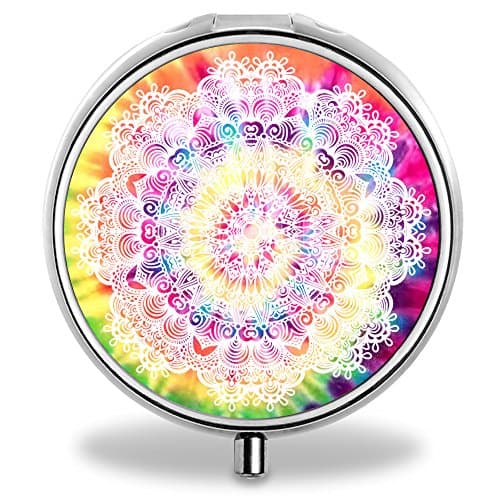 ONSPACE Portable 3 Slots Medicine Box, Round Compartment Unique Design Silver Metal Pill Box for Pocket/Purse/Travel Medicine Case, Small Vitamin Box-Tie Dye Mandala