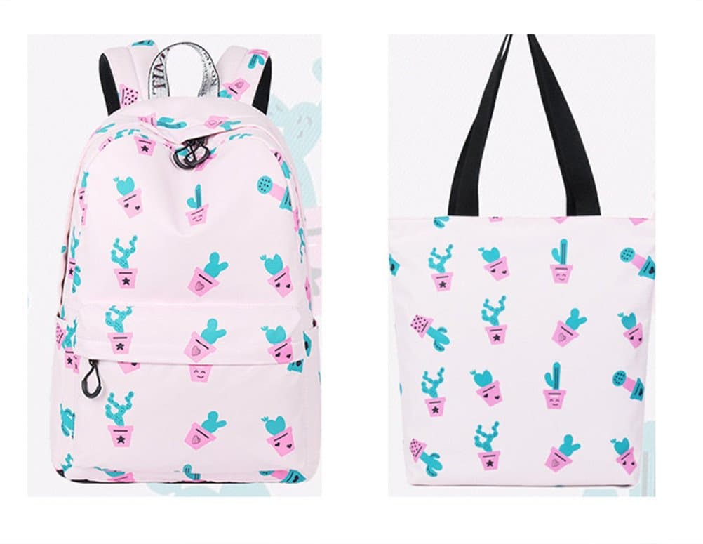 Winnerbag Cute Waterproof Women Backpack Cactus Pattern Printing Large Capacity Girls College Bookbags Pink set 15 Inches