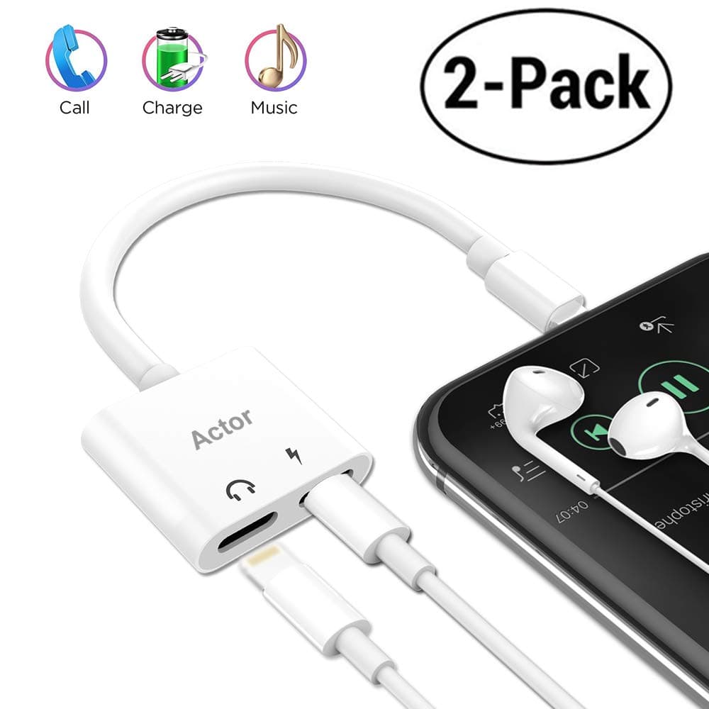 Actor Adapter & Splitter Compatible iPhone 7/7 Plus / 8/8 Plus/X, 2 Pack Dual 8 Pin Headphone Jack AUX Audio & Charging & Calling & Sync Cable Connector Earphone Charger