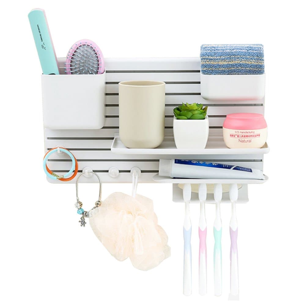 Wall Mount Bathroom Organizer Rack,Multifunctional Self-adhesive Kitchen Organizer/Hanger,Office Orangnizer with Cups and Hooks,Perfect for Bathroom/Kitchen/Office Storage,Drill-free,White (B)