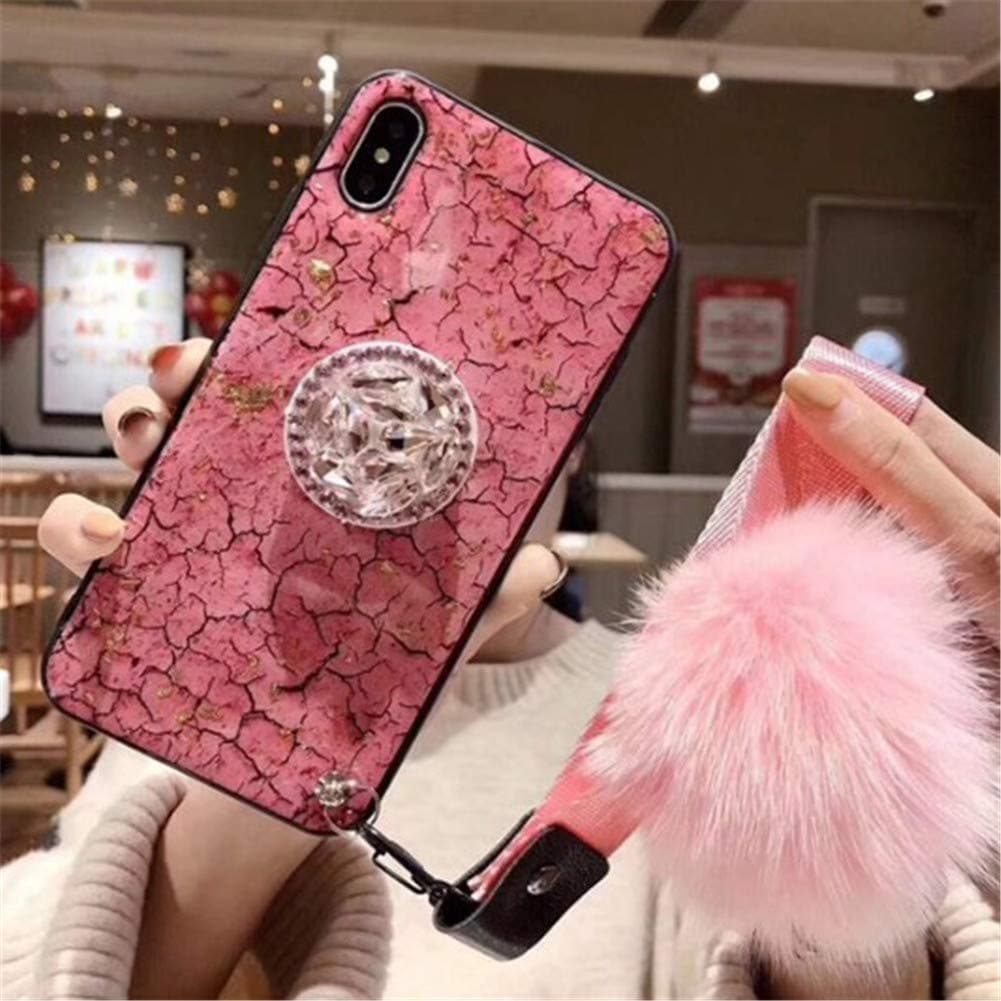 Case for Galaxy Note 10 Plus,Fashion Rhinestone Diamond Holder Marble Stripe with Rabbit Fur Hairball Retro TPU Case for Samsung Galaxy Note 10 Plus(A Pink)