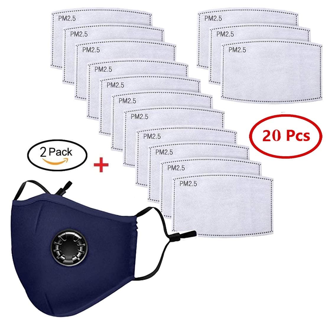 2 Pack Reusable Mouth Filter Breathing Mask with 20 pcs PM2.5 Pollutant Filters, Blue Cotton Face Mask for Walking Camping Travel