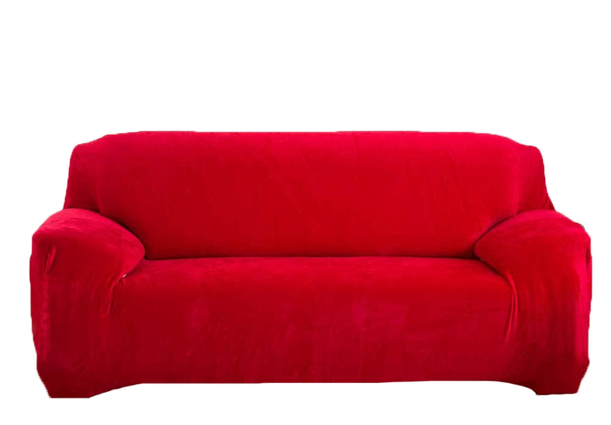 Thick Sofa Covers 1/2/3/4 Seater Pure Color Sofa Protector Velvet Easy Fit Elastic Fabric Stretch Couch Slipcover size 4 Seater:235-300cm (Red)