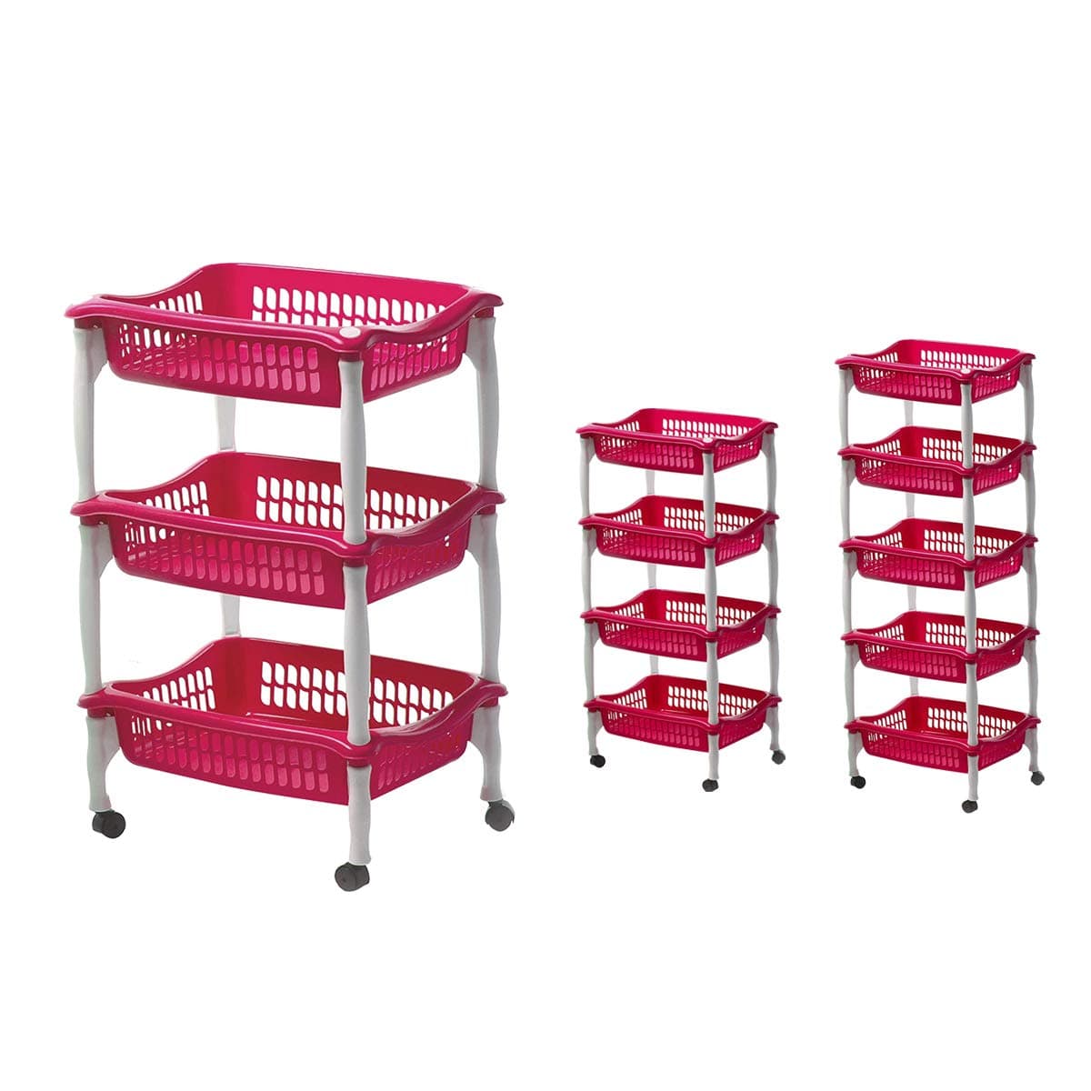 Elianware 3-Tier Multi Purpose Kitchen, Household Portable Storage Racks with Wheels Tray Basket Rectangle Shaped Pink