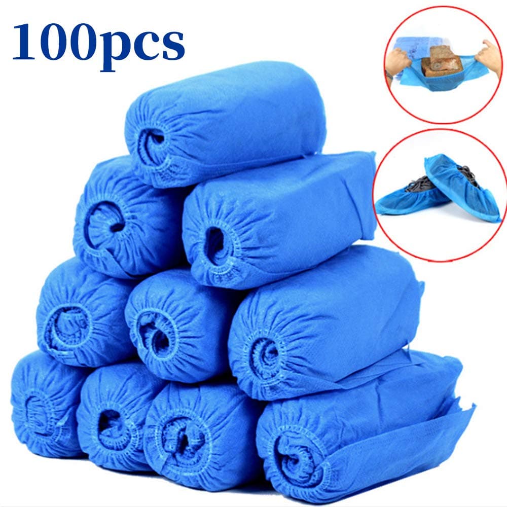 100 Pack (50 Pairs) Premium Disposable Shoe Covers, Durable & Water Resistant, Non-slip, Non-toxic, Recyclable, Blue, Stretchable fits, One Size Fits Most