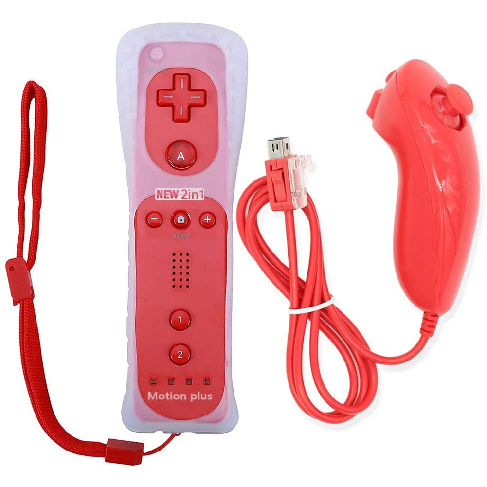 Wii Remote Game Control, New 2 in 1 Built-in Motion Plus Remote and Nunchuk Controller with Silicon Case for Nintendo Wii and Wii U Gamepad Console(Red)