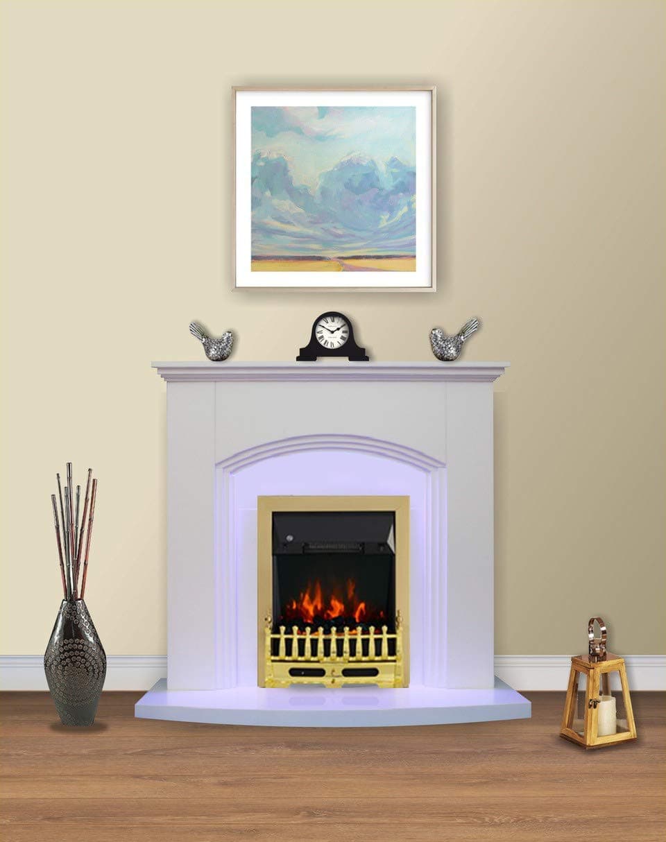 Modern White Fireplace & Brass Electric Fire Surround and Hearth Set Suite
