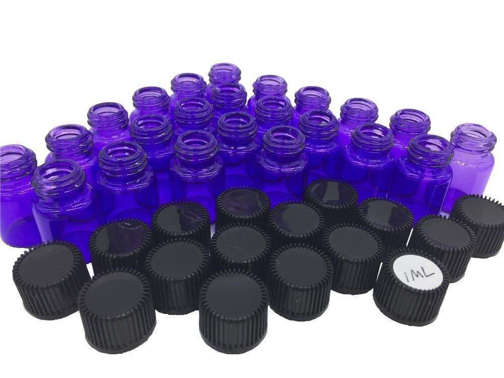 1ML/2 ML Essential Oil Bottle 1/4 5/8 Dram Purple Glass Vials Bottles with Black Caps for Essential Oils 30-60 Units (1 ML, 30Pcs)