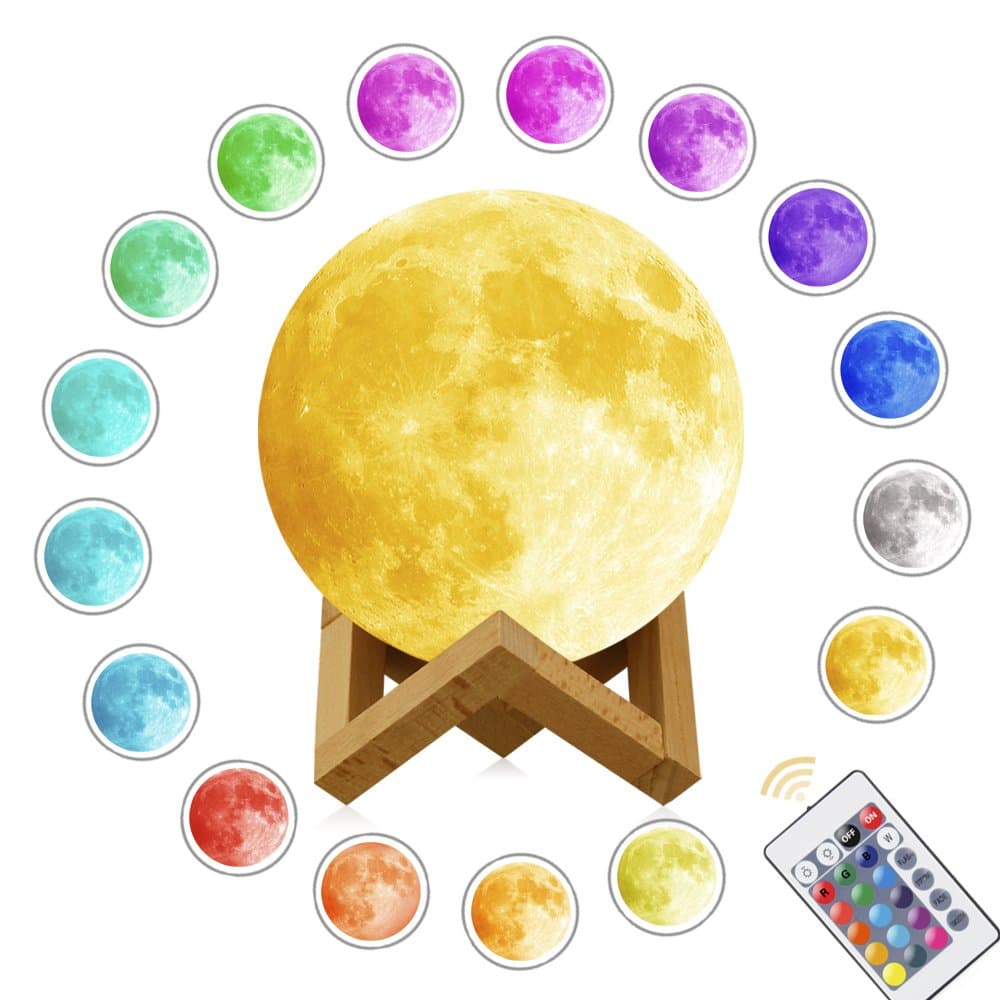 3D Moon Lamp Printing Night Light,Rquite Remote Control 16 Colors Changing Optical Illusion LED Lunar Moonlight Globe Ball with Wood Stand Base for Kids Room Home Decor - 5,9 Inch