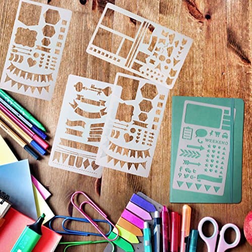 Bullets Jouranl Stencil Set 5 Pack 4x7 inch Reusable Plastic Planner Template Fits Leuchtturm &amp; Moleskine A5 Organizer Notebooks, Used with Huhuhero Fineliners &amp; Sakura Micron Pens