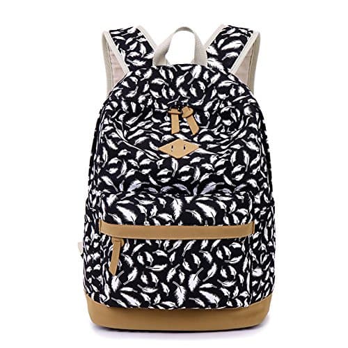 Nawoshow New Style Printing Canvas Backpack Feather Pattern Laptop Bag Travel Backpack (Black)