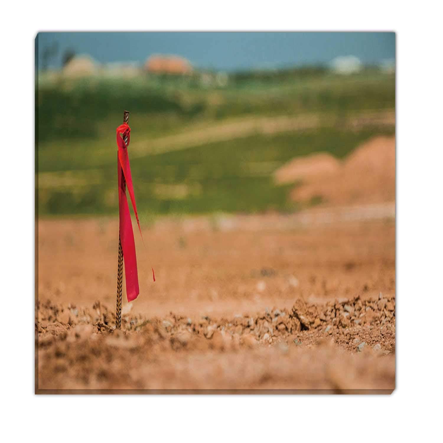 Metal Survey peg with red Flag on Construction site Canvas Art,075782 Farmhouse Bathroom Decor ,12x12in