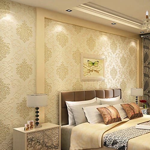 Trendy source 3d Damask Wallpaper 21.6" x 393.7" Embossed Wallpaper, Textured Non-Woven Wallpaper Background for Livingroom,Bedroom ,Beige Yellow