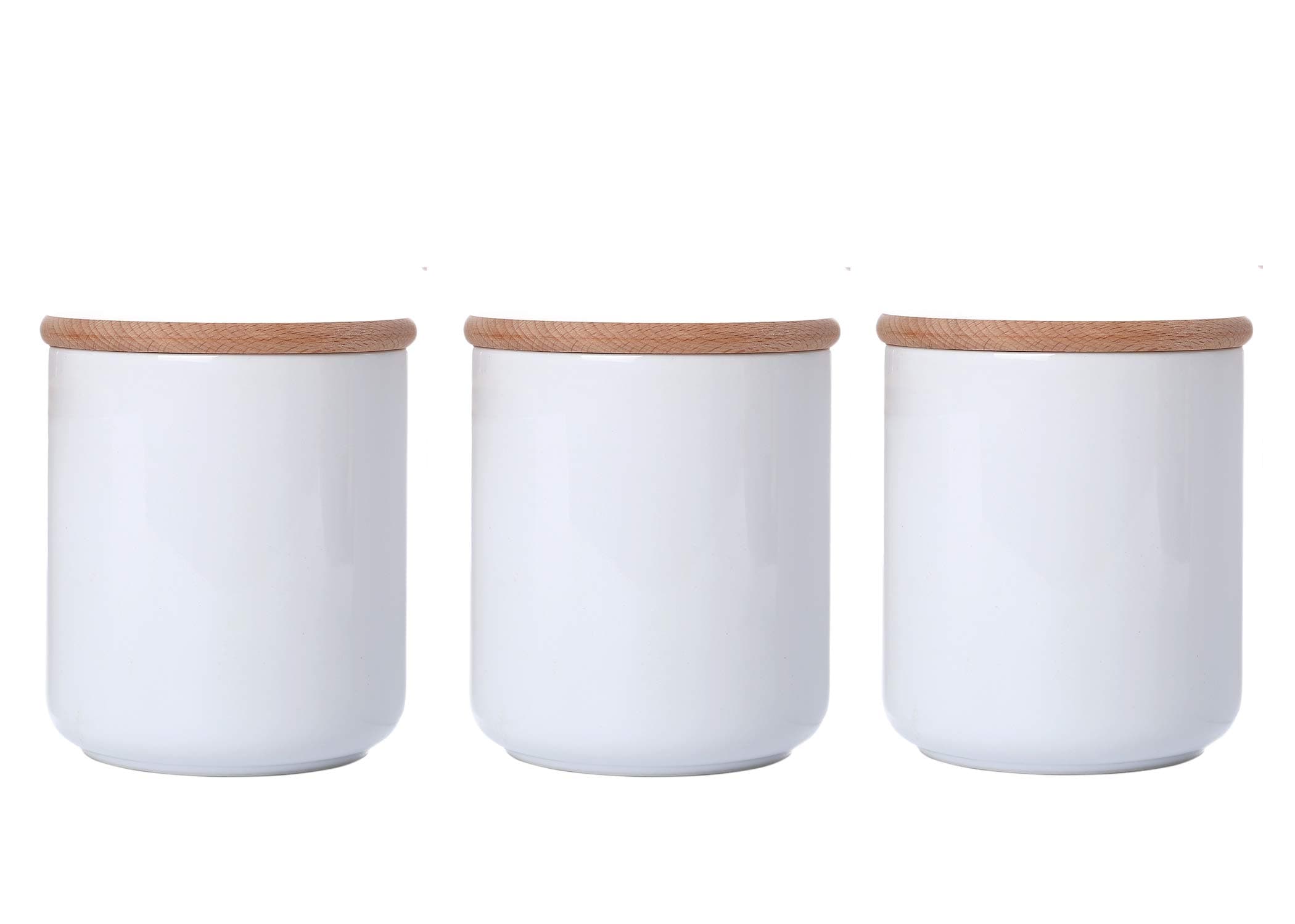 White Ceramic Jars With Lid Ceramic Kitchen Canisters Food Storage Containers With Airtight Wood Lids Salt Sugar Weed Tea Coffee Storage Jars 18.6 Floz Set of 3