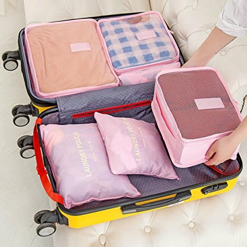 6pc Waterproof Travel Luggage Organizer Storage bag Durable Packing Compression Pouches 3 Travel Cubes + 3 Pouches (Pink)