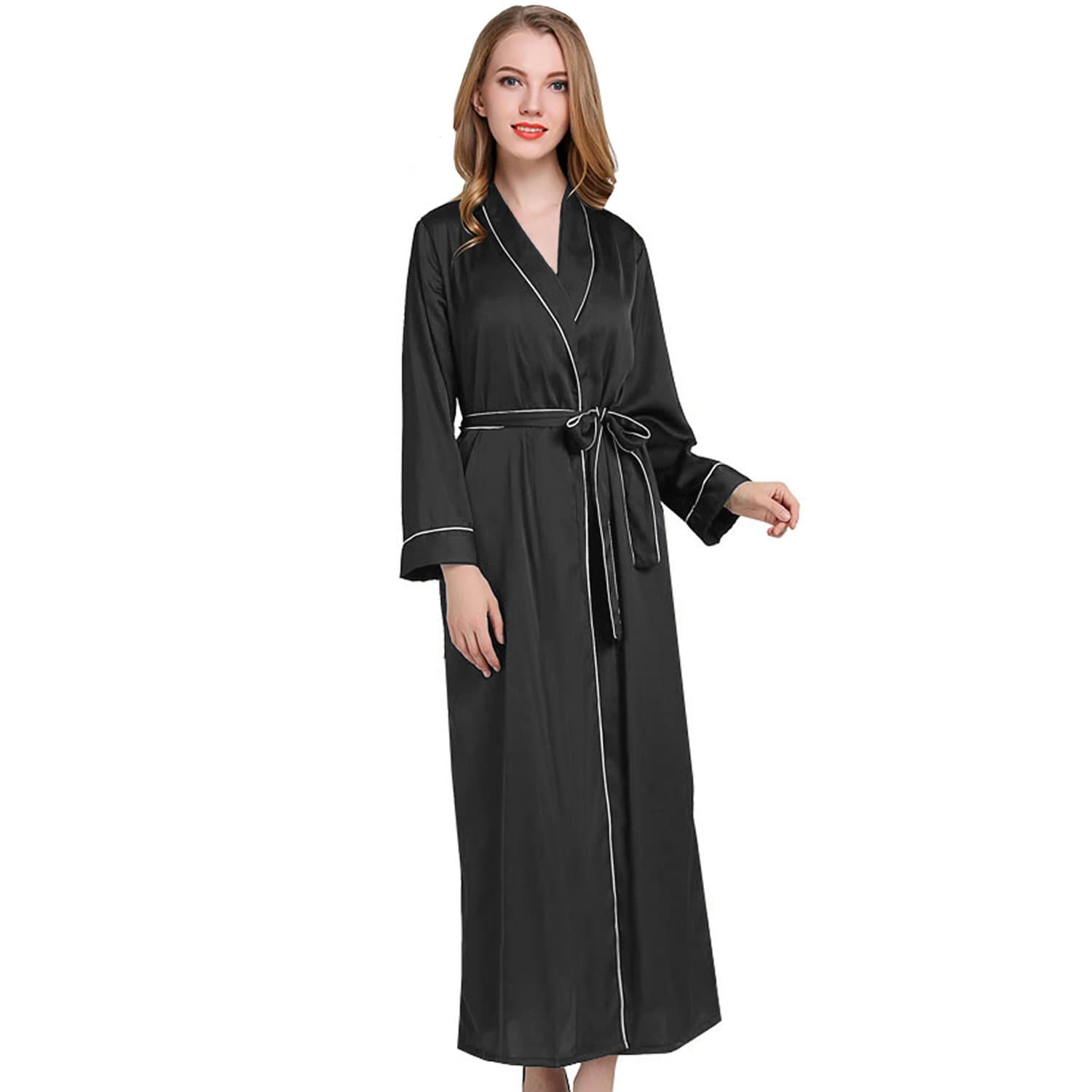 coowalk Women's Long Kimono Robe, 135cm, Solid Color Black