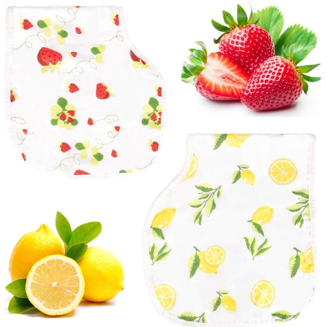 Muslin Burp Cloth Bib Set - Adjustable, Super Absorbent, Soft - 2 Pack of Strawberry Lemon Prints - Unisex Baby Registry Shower for Boys & Girls