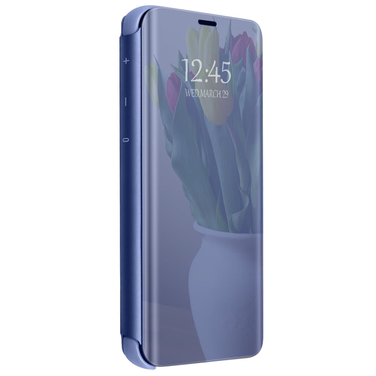 Compatible for Samsung Galaxy M20 Case, Slim Clear Mirror Plating PC Full Body Protective Case Flip Cover with Kickstand (Samsung Galaxy M20, Blue)