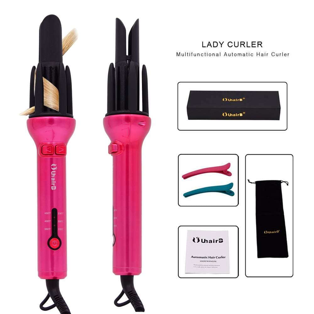 UuhairB Automatic Hair Curling Wand Automatic Instant Curler Titanium Ceramic Wand Rotating Waver 1.1 Inch Barrel,Dual Voltage (Red)