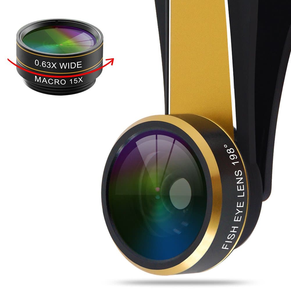 ARBITRON GLOBAL 3-in-1 Cell Phone Camera Lens Kit- Clip on 198 Degrees Fish Eye- 15x Macro- .63X Wide Angle- for iPhone, Samsung Galaxy S6, S7 Edge, HTC, LG, Other Smartphones- Gold