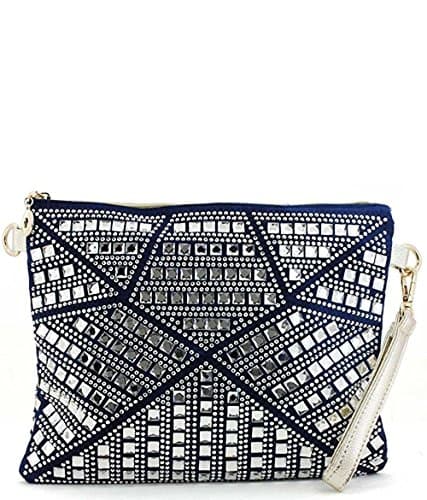 Multi Rhinestone Large Wristlet Clutch w/ Strap by Joseph D Arezzo- Denim Gold