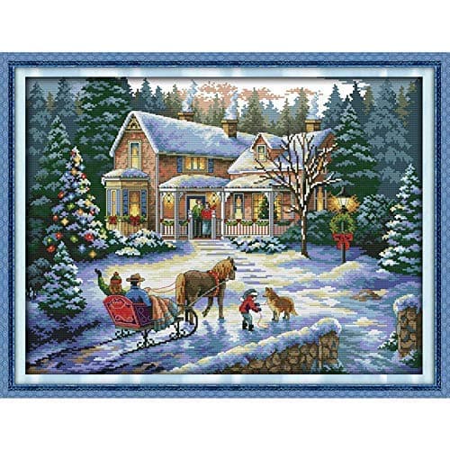 Joyautum DIY Handmade Counted Cross Stitch Needlework Set Embroidery Kit Return from Christmas Scenery Home Decoration 14CT Cross-Stitch (14ct Blank Fabric)