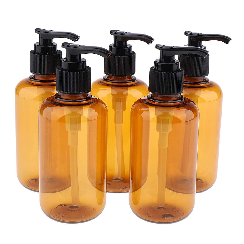 LEIPUPA 5 Pack Refillable Amber PET Plastic Pump Bottles with Patented Screw On Funnel-Great for Dispensing Lotions, Shampoos - 200ml