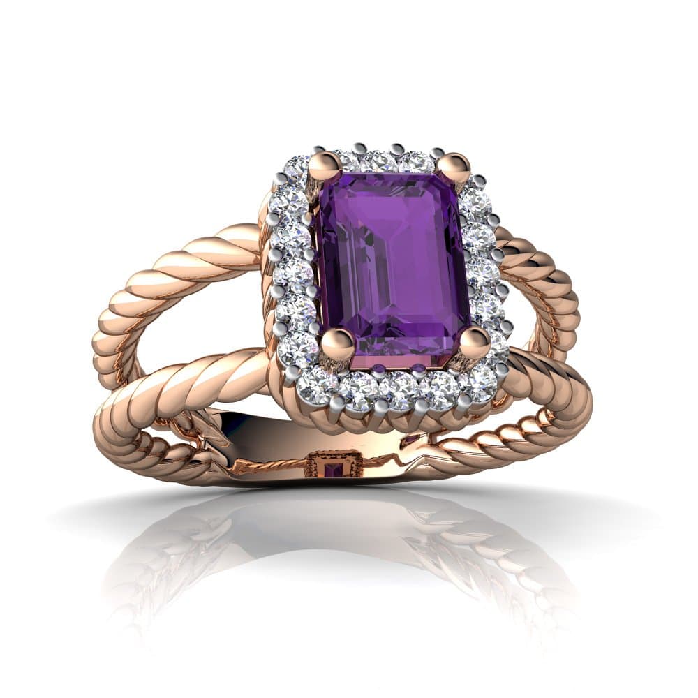 14kt Gold Amethyst and Diamond 7x5mm Emerald_Cut Rope Split Band Ring
