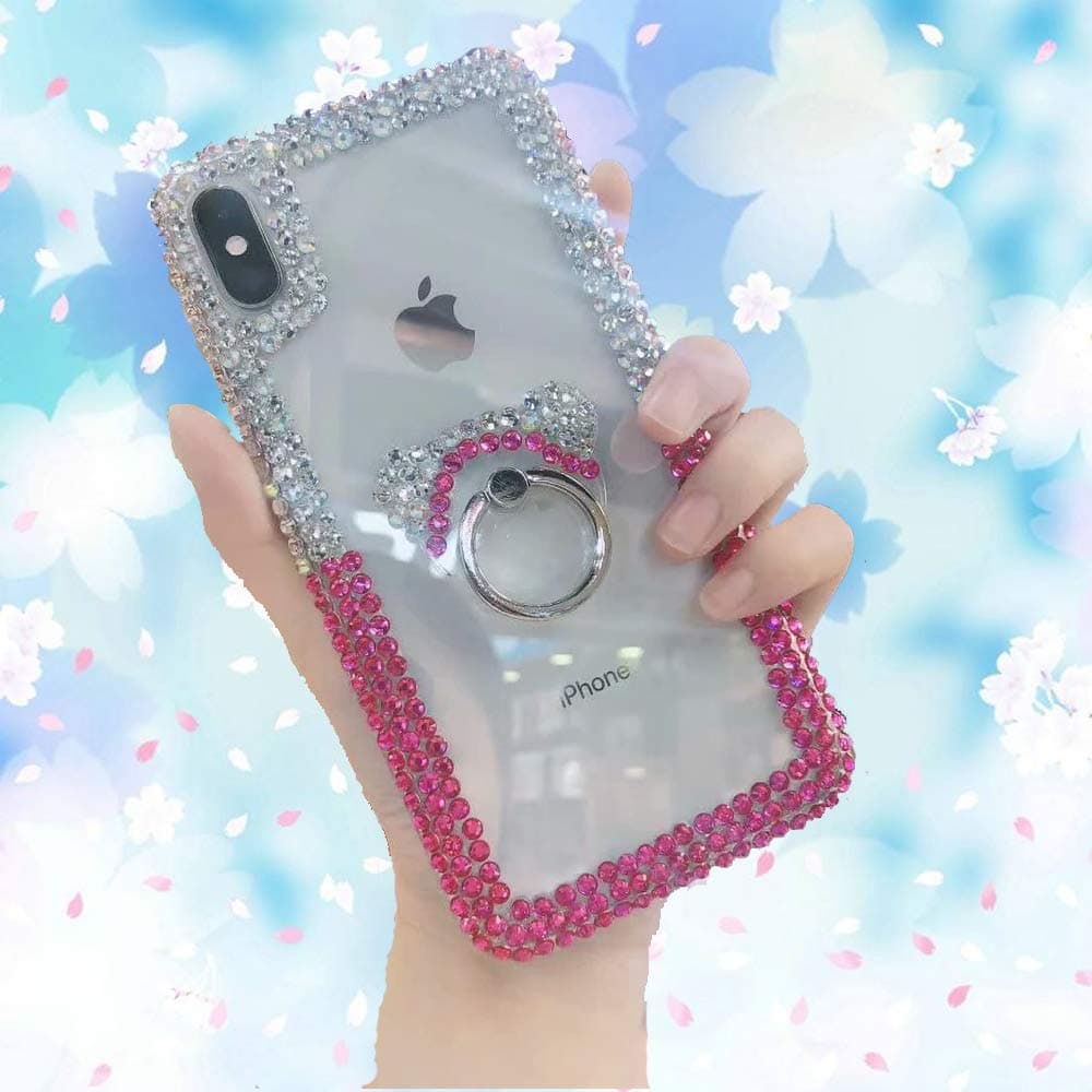 Cfrau Diamond Case with Black Stylus for Samsung Galaxy A80/A90,Luxury Color Gradient Sparkle Glitter Crystal Bling Cute 3D Bear Ring Stand Soft Bumper PC Case,Hot Pink