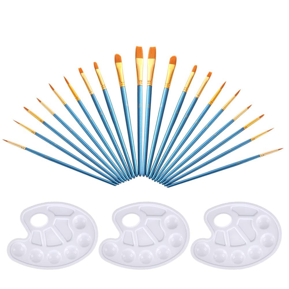 20Pieces Round Pointed Tip Nylon Hair Brush Set with 3 Piece Paint Tray Palette for All Purpose Oil Watercolor Painting Artist Professional Kits