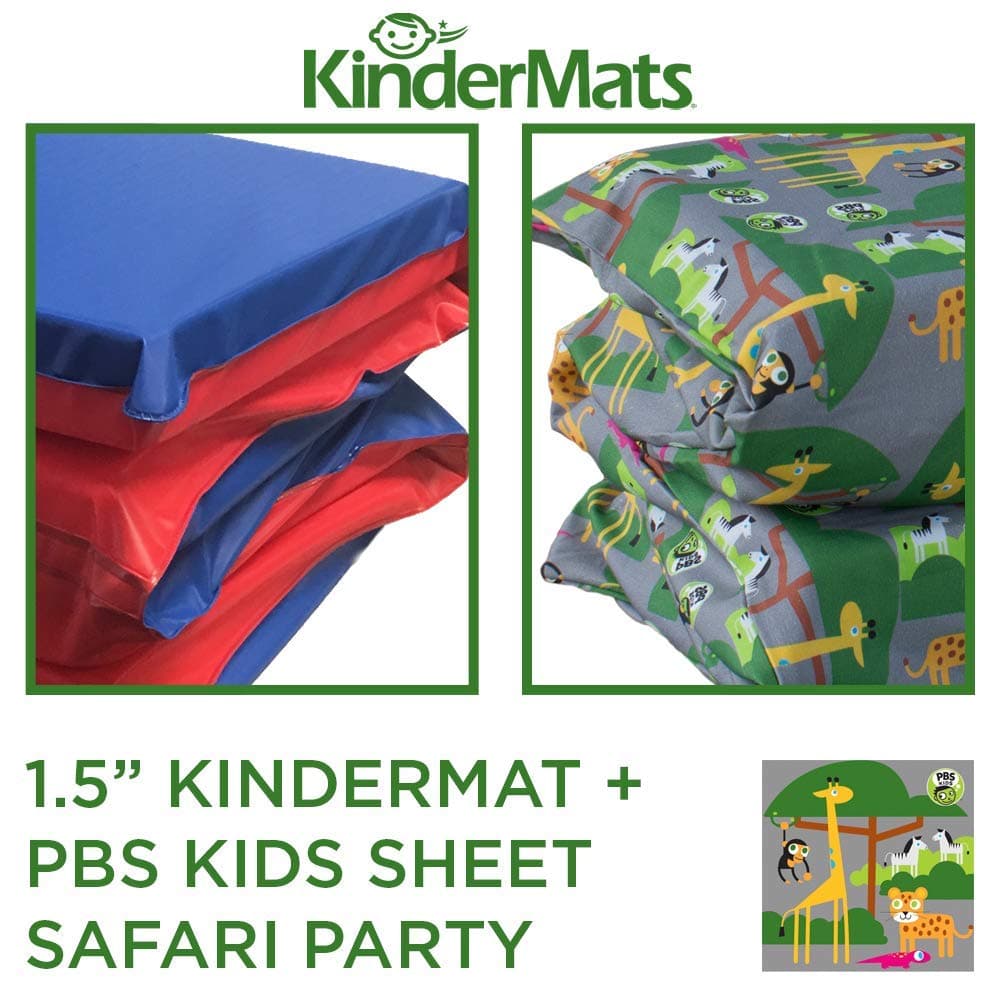 KinderMat 1.5" Thick + PBS Kids KinderBundle - Washable Cover, Special Edition - Safari Party - Regular, Sheet is 47" x 22", Value Bundle Great for Daycare & Family Households,
