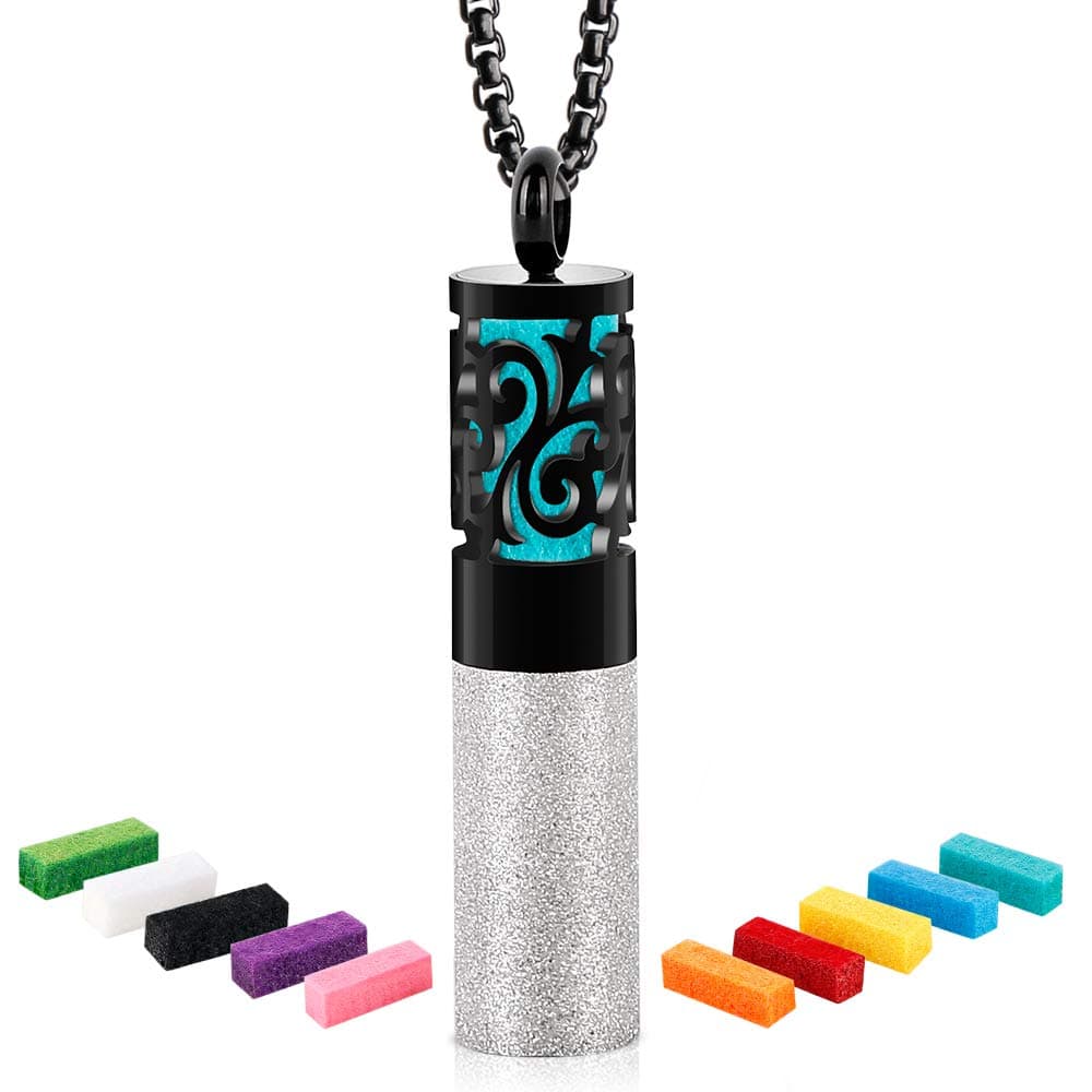 Essential Oil Diffuser Necklace, Maromalife Diffuser Pendant Locket Stainless Steel Pearl Chain Aromatherapy Necklace Sparkling Silver Diffuser Jewelry Necklace for Men&Women(Silver+Black)