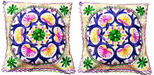 Handcrafted Woolen threads Embroidery Printed Cushion Covers Set of 2 -Throw Pillow Covers Cotton Fabric Indian Home Furnishing Decorative 16x 16 Inch-UP-CC017