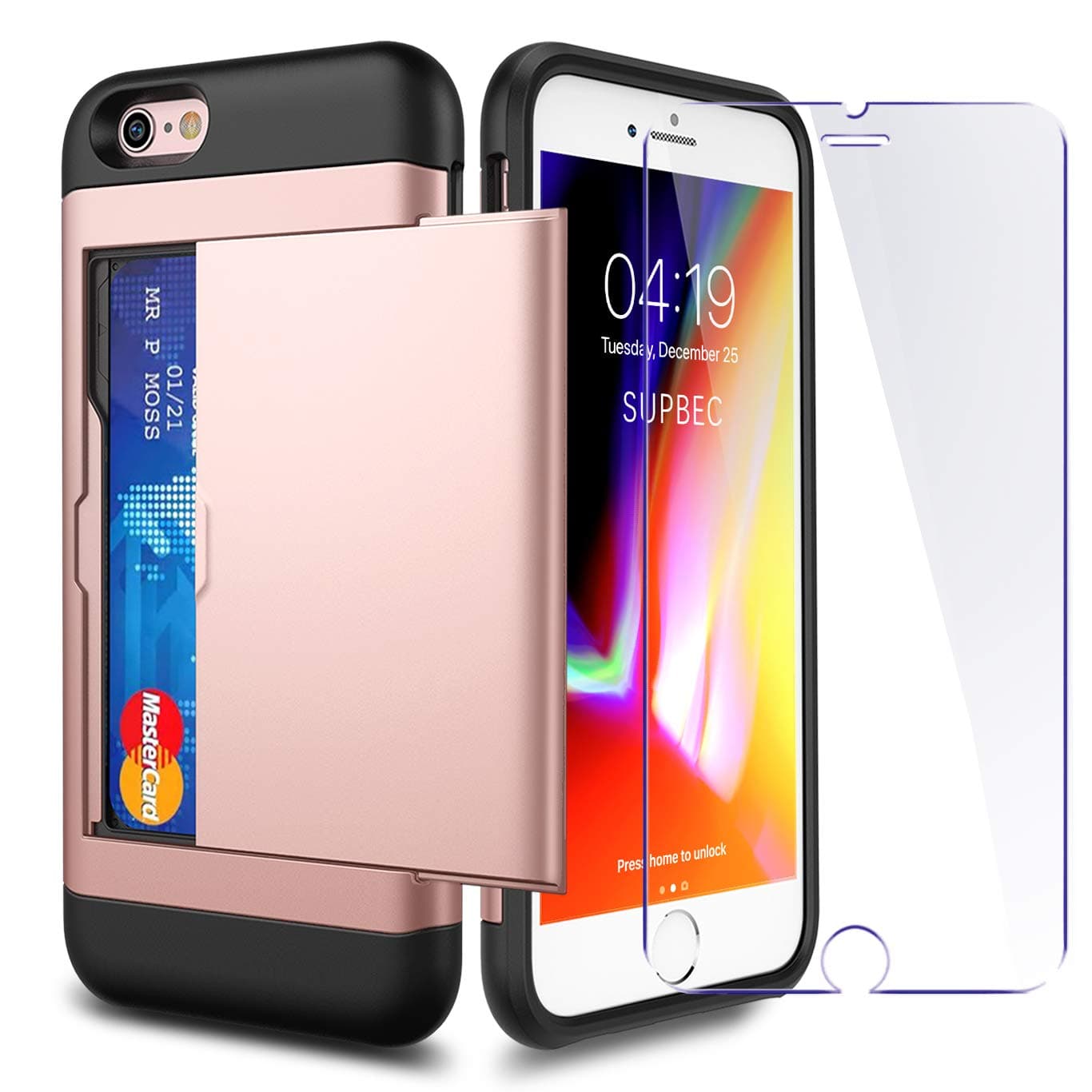iPhone 6 / 6s Case with Card Holder and[ Screen Protector Tempered Glass x2Pack] SUPBEC i Phone 6/6s Wallet Case Cover with Shockproof Silicone TPU + Anti-Scratch Hard PC - Full Protective(Rose Gold)